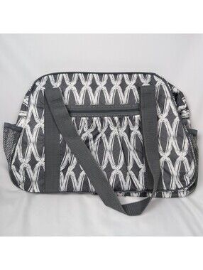 Thirty-One All-in-One Weekender Tote Bag Grey White Geometric Link Pattern New